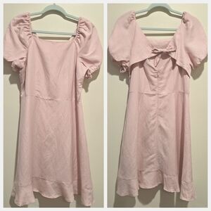 LOFT Pink Linen Blend Short Sleeve Dress Puff Shoulder Size 8